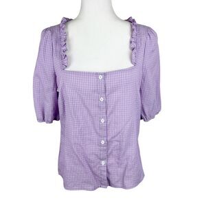 Nasty Gal Collection Blouse Women 10 Purple Plaid Square Neck Ruffled Button Up